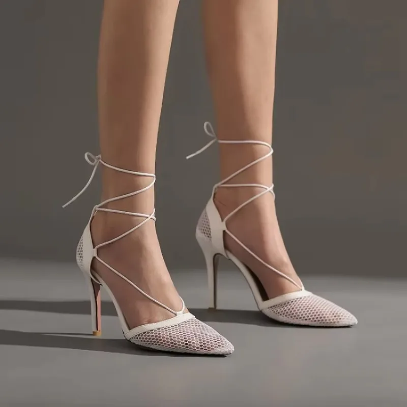 

ASHIOFU New Hot Ladies 10cm High Heels Sandals Shoelace Pointy Party Prom Dress Shoes Stiletto Real-pics Fashion Evening Shoes
