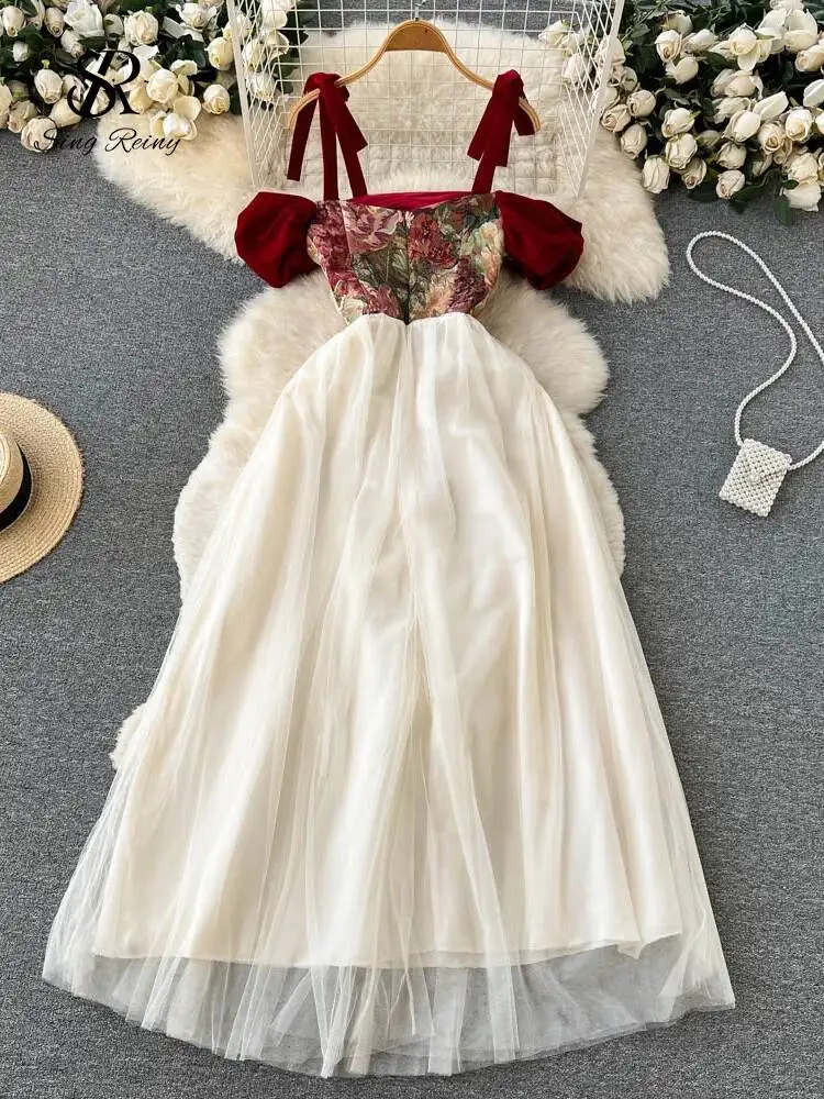 เดรสสายเดี่ยวลายปักสไตล์เรโทรสำหรับผู้หญิง ดีไซน์ผูกเชือกสไตล์ฝรั่งเศส ชุดเดรสยาวผ้าตาข่ายสำหรับงานปาร์ตี้ฤดูร้อน