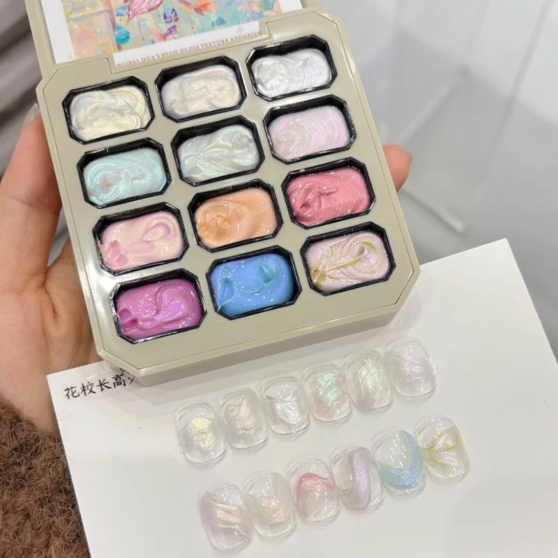 

12-Grids Pearlescent Painting Solid Gel Nail Art Pigment - No Wipe 3D Textured Micro-Carving Drawing Designs for Manicure DIY