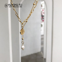 Round Gold Coins Pearl Pendant Necklace Women Stainless Steel 18k Gold Plated Fashion Charm Banquet Jewelry