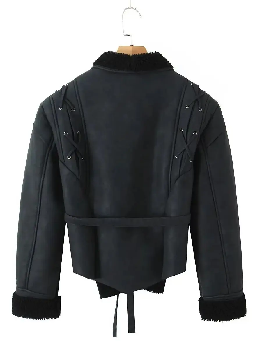 เสื้อแจ็คเก็ตหนังผู้หญิง พร้อมเข็มขัด เสื้อโค้ทขนสัตว์ แฟชั่นสตรีทแวร์ เสื้อคลุมสีพื้น เสื้อแจ็คเก็ตผู้หญิงสุดหรู แจ็คเก็ตหนังสำหรับผู้หญิง