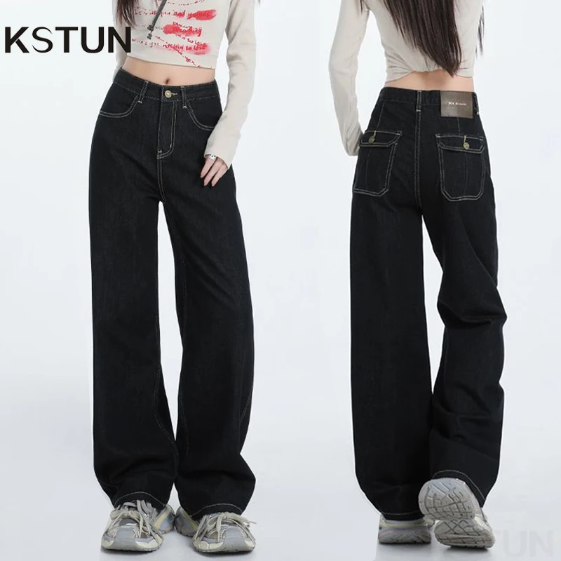 KSTUN 2026 New Style Jeans For Women Slim Straight High Waist Denim Pants Fashion Pockets Design Black Blue Stretch Trousers