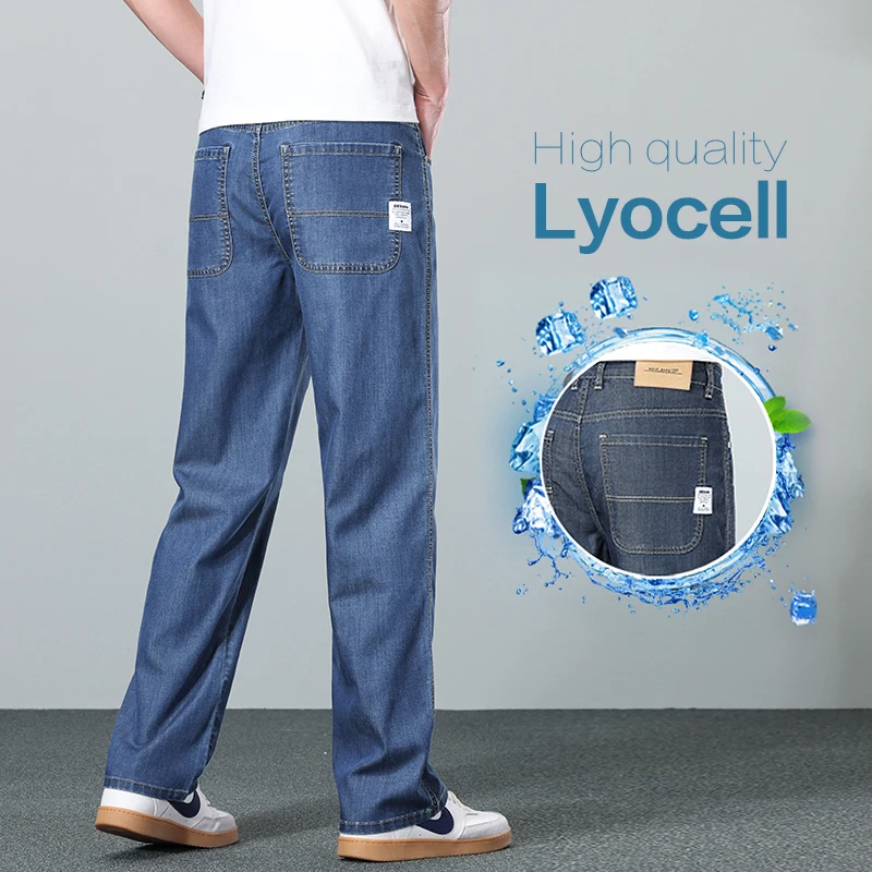 Men Summer Lyocell Stretch Straight Jeans, Loose Business Casual Versatile Denim Pants Plus Size Up To 40