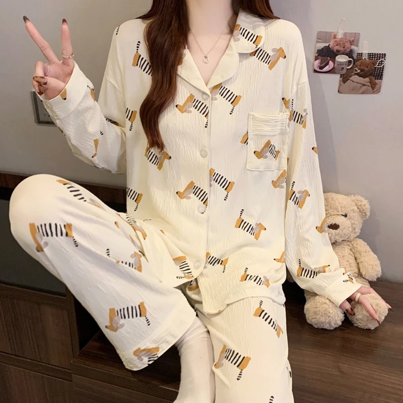 

Cute Dachshund Cartoon Print Women's Pajamas Simple Fashion Casual Ins Style Homewear 2025 Spring/autumn New Milk Silk Sleepwear