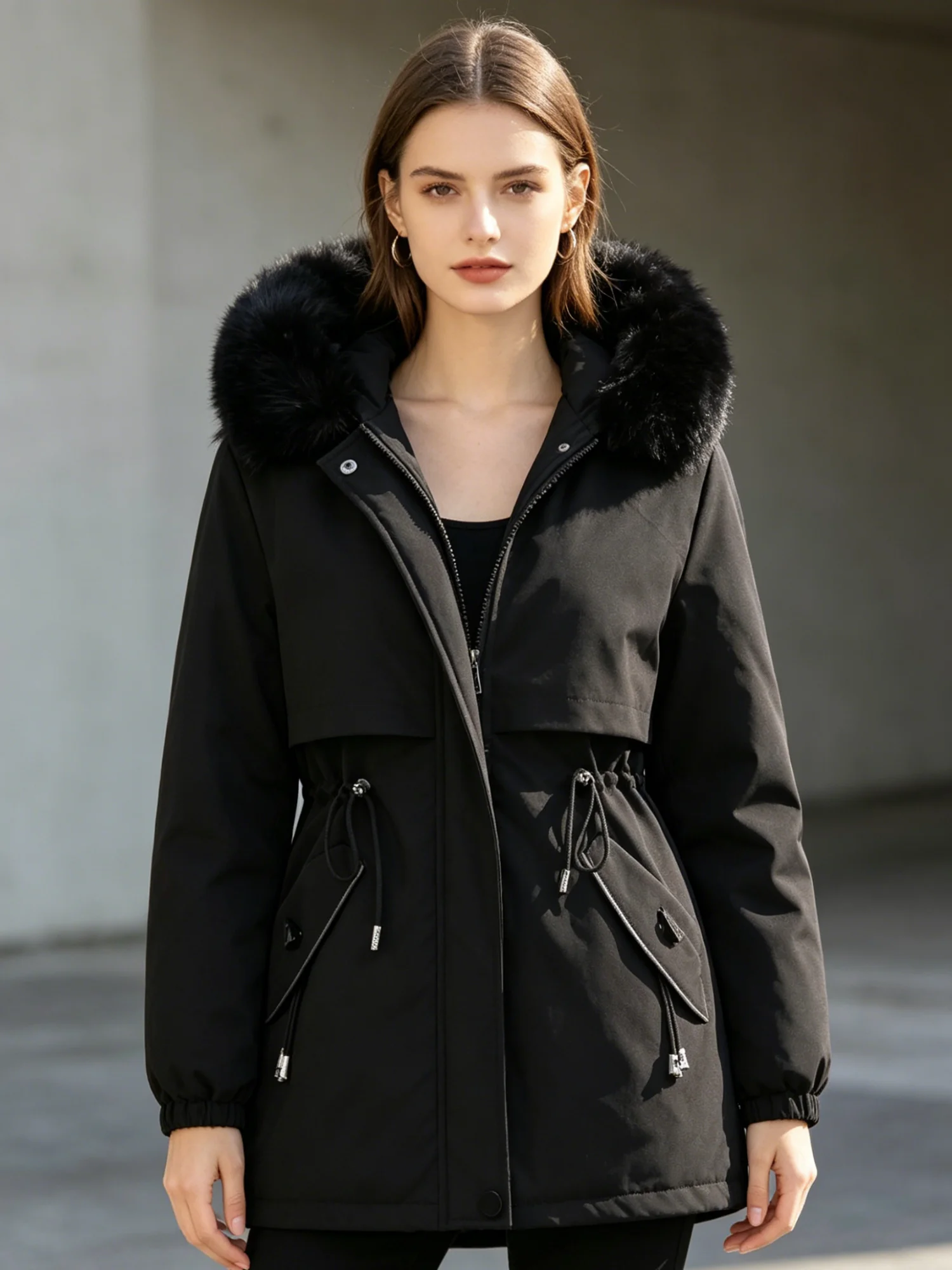 Women's Casual Winter New Versatile Hooded Mid-Length Cotton Coat for Outdoor Camping and Hiking, Fleece-Lined Warm Cotton Jacke