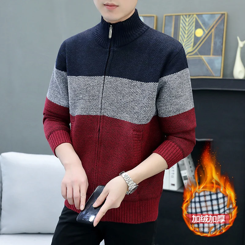 2024 Winter Men Sweater Add Velvet Cardigan Patchwork Color Stand Collar Male Casual Zipper Knitted Thick Warm Sweatercoat