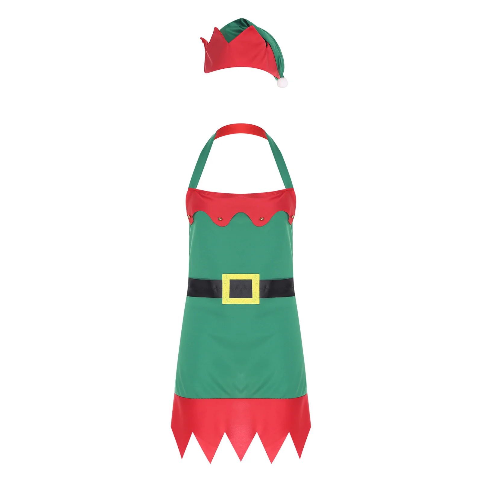 Christmas Elf Apron Red Green Lace-up Kitchen Cooking Baking Painting Aprons with Hat Xmas Party Mrs Santa Claus Cosplay Costume