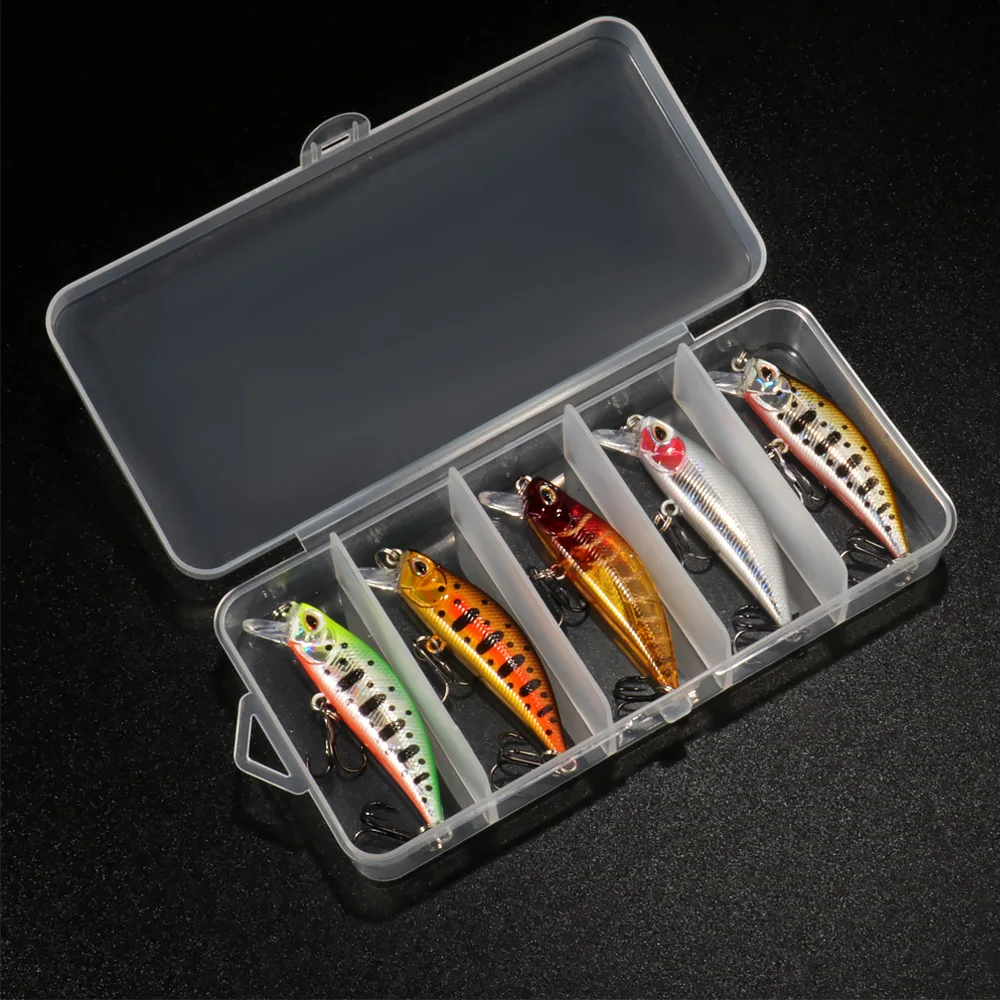 Kit de señuelos de 5 uds., cebo Artificial para trucha, pececillo que se hunde, manivela, anzuelo para lubina, Wobbler, caja de aparejos de Pesca, Jerkbait flotante