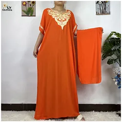 New African Woman Islam Pure Color Soft Cotton Short Sleeves Loose Muslim Dresses Femme Robe With Headscarf Prayer Clothing