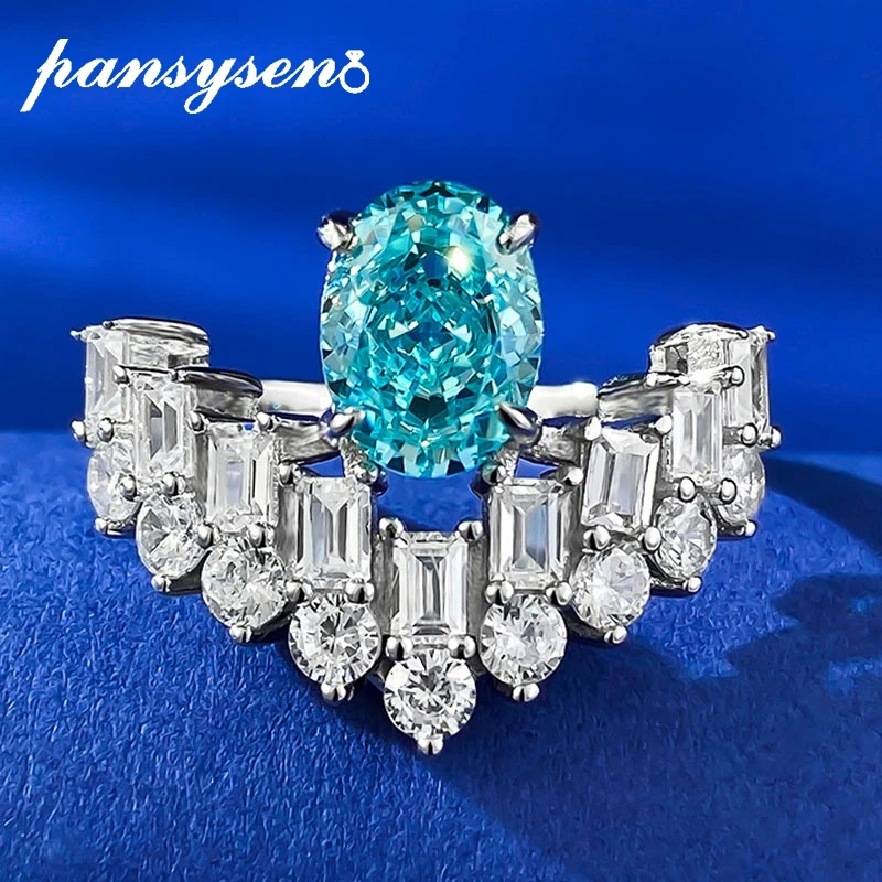 

PANSYSEN 100% 925 Sterling Silver 6*8MM Oval Paraiba Tourmaline High Carbon Diamond Ring 18K White Gold Plated Fine Jewelry Gift