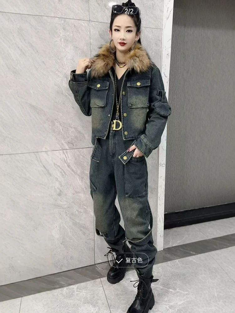

Denim suit women's winter new item Korean style thick fur collar cotton jacket small leg pants two-piece pants set trendy