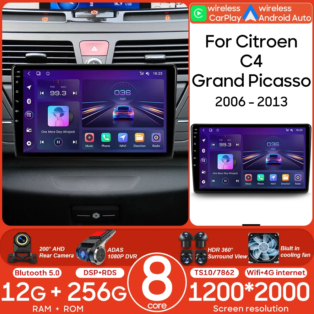 Radio con Pantalla Táctil Android para Automóvil, Reproductor Multimedia de Video, Unidad Principal Carplay, Navegación GPS, Estéreo DSP para Citroen C4 Grand Picasso 2006-2013