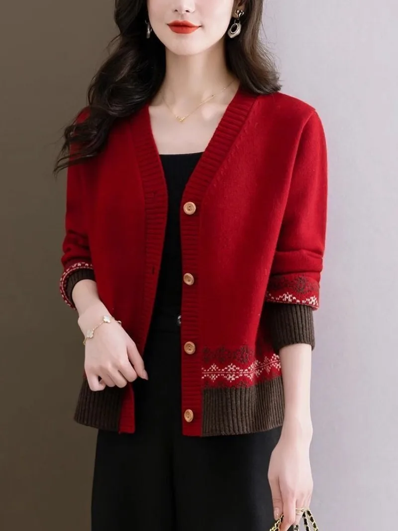 Women's Clothing V-Neck Autumn Winter Screw Thread Contrast Color Button Sweater Knitted Long Sleeve Cardigan Coats Casual Tops