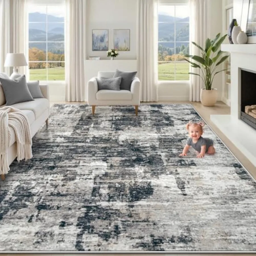 

Living room area rug, polyester blend, black-grey, washable stain-resistant non-slip modern abstract design for bedroom nursery