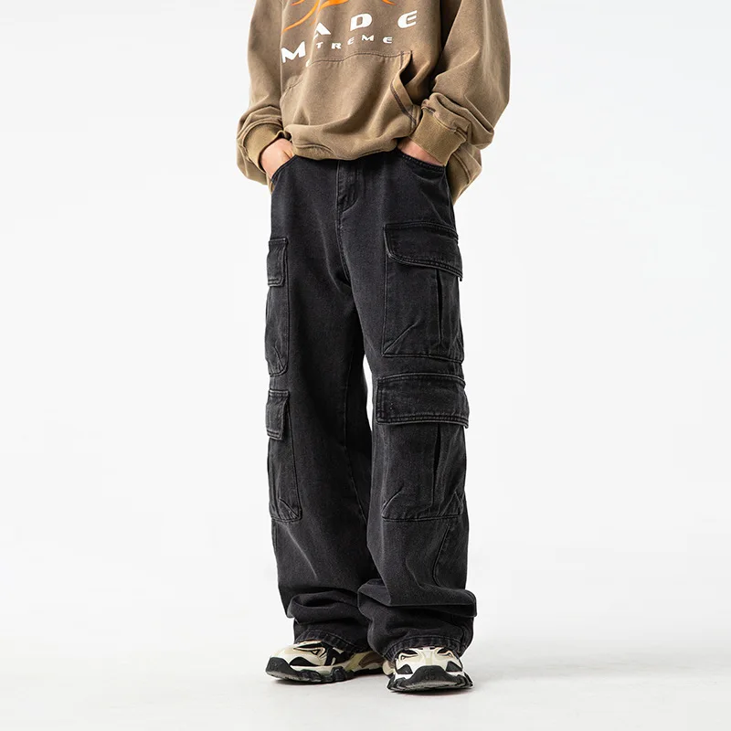 

Спецодежда, дизайнерские джинсы с несколькими карманами, мужские повседневные брюки для стирки, свободные брюки в китайском стиле, свободные и свободные, красивые, модные AEZO