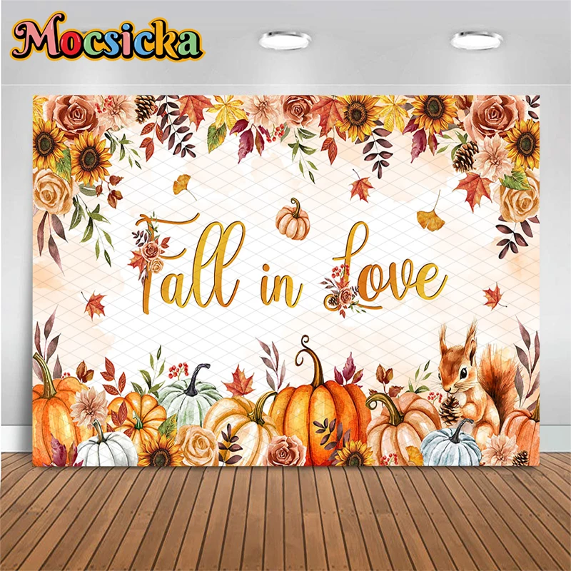 Mocsicka Fall In Love Photography Backdrop Autumn Pumpkin Sunflower Maple Leaf Harvest Wedding Kid Shower Party Photo Background