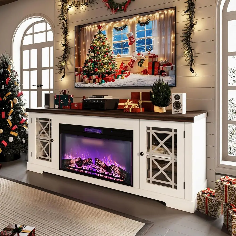 

Белая тумба под телевизор 80 дюймов с электрокамином, светодиодной подсветкой, стеклянными дверцами и местом для хранения для гостиной или спальни