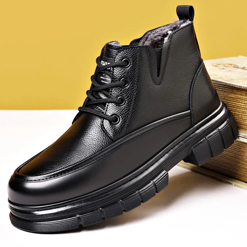 

Men's Cotton Shoes 2025 Winter New Style Genuine Leather High-Top Shoes Warm and Fleece-Lined Middle-Aged and Elderly Dad Shoes