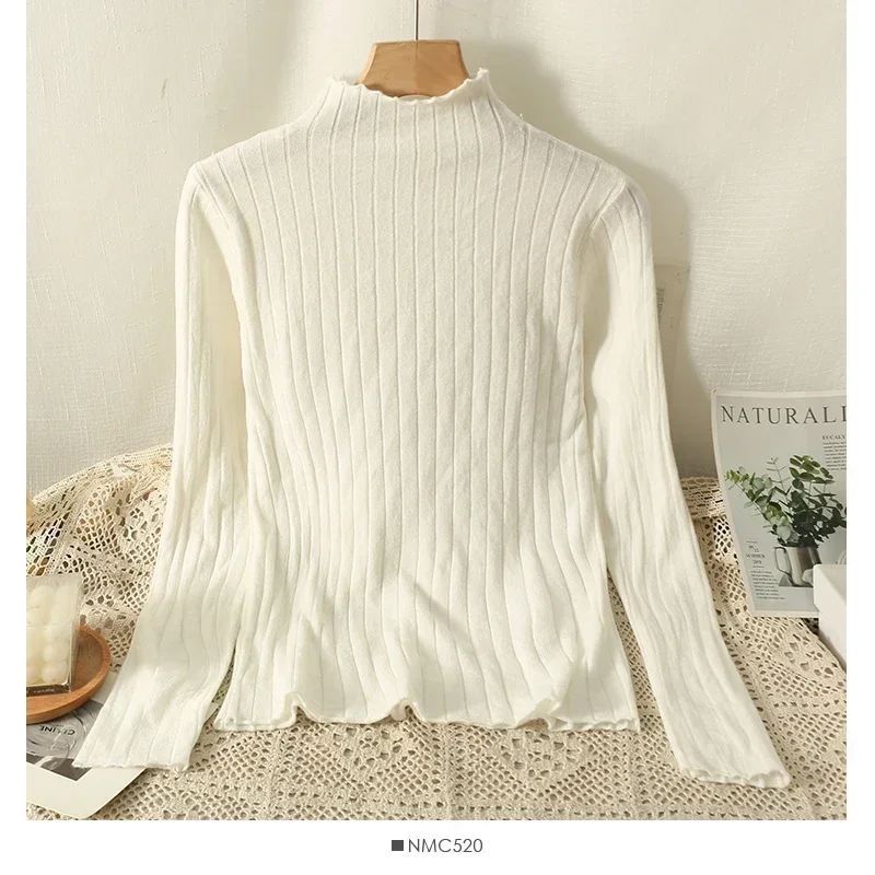 2026 جديد الخريف الشتاء نصف الياقة العالية كم طويل مضلع بلوفر مغزول عادية بلون لينة البلوزات القمم الأساسية