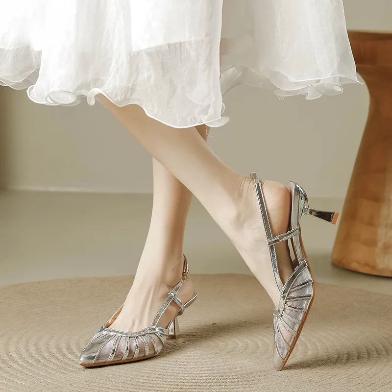 

Gorasion Female Summer Roots Single Shoes Mesh Breathable Pointed Sandals Sexy High Heels with Cutout Toe Caps Women's Shoes