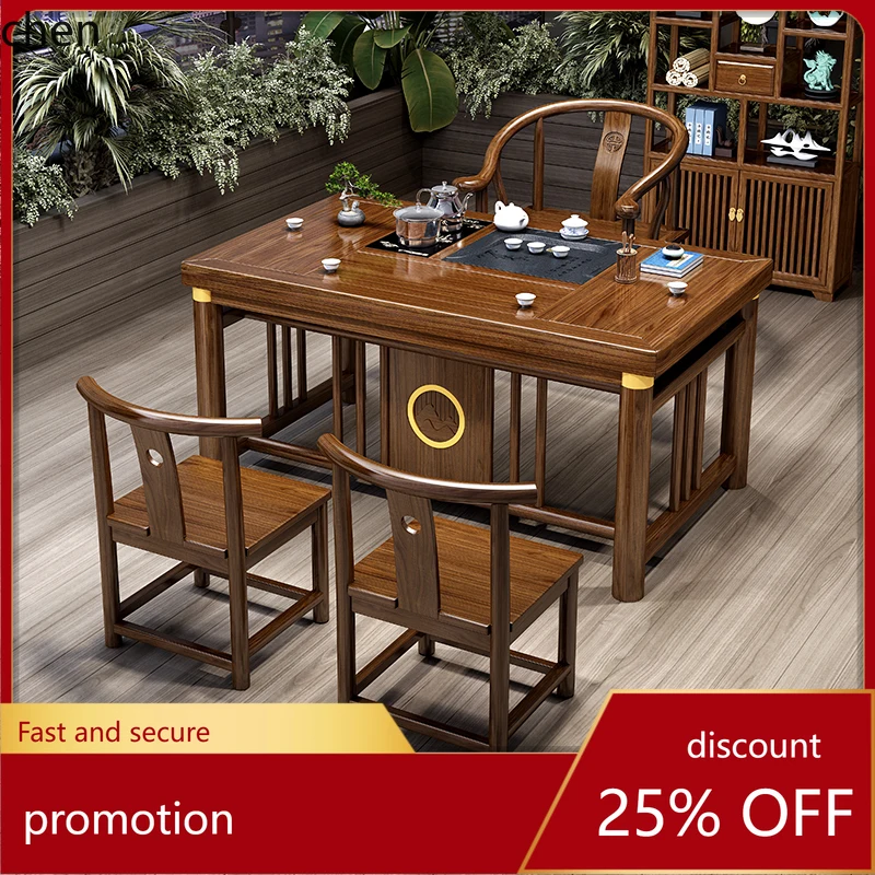 HXL Nuevo juego de mesa y sillas de madera maciza de estilo chino, mesa de té para balcón, mesa de té Kung Fu, juego completo integrado