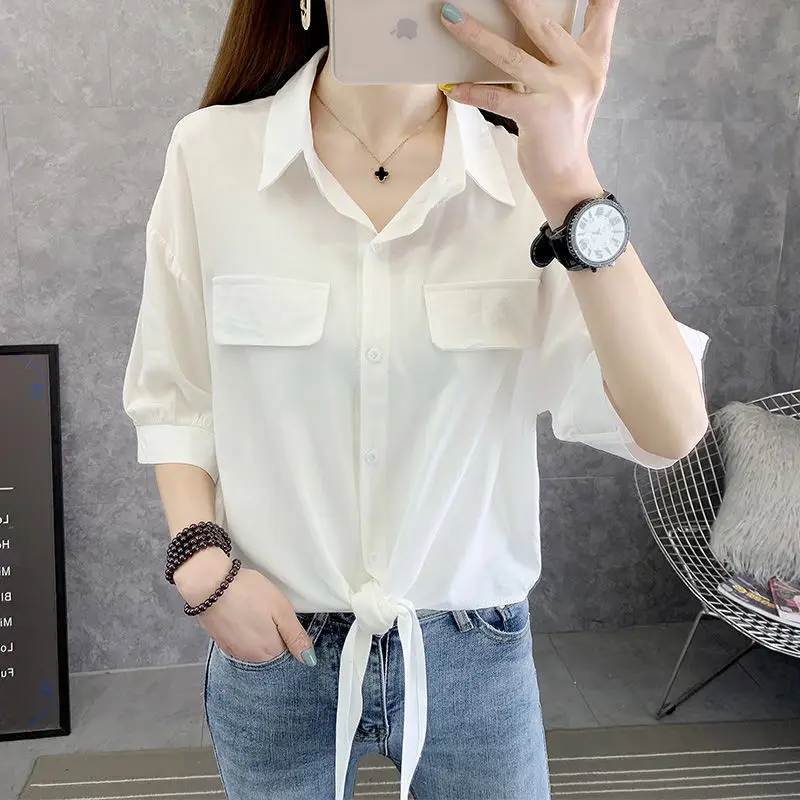 Fashion Lapel Spliced Pockets Button Oversized Bandage Chiffon Shirt 2022 Summer New Commute Tops Loose Casual Women\'s Blouse