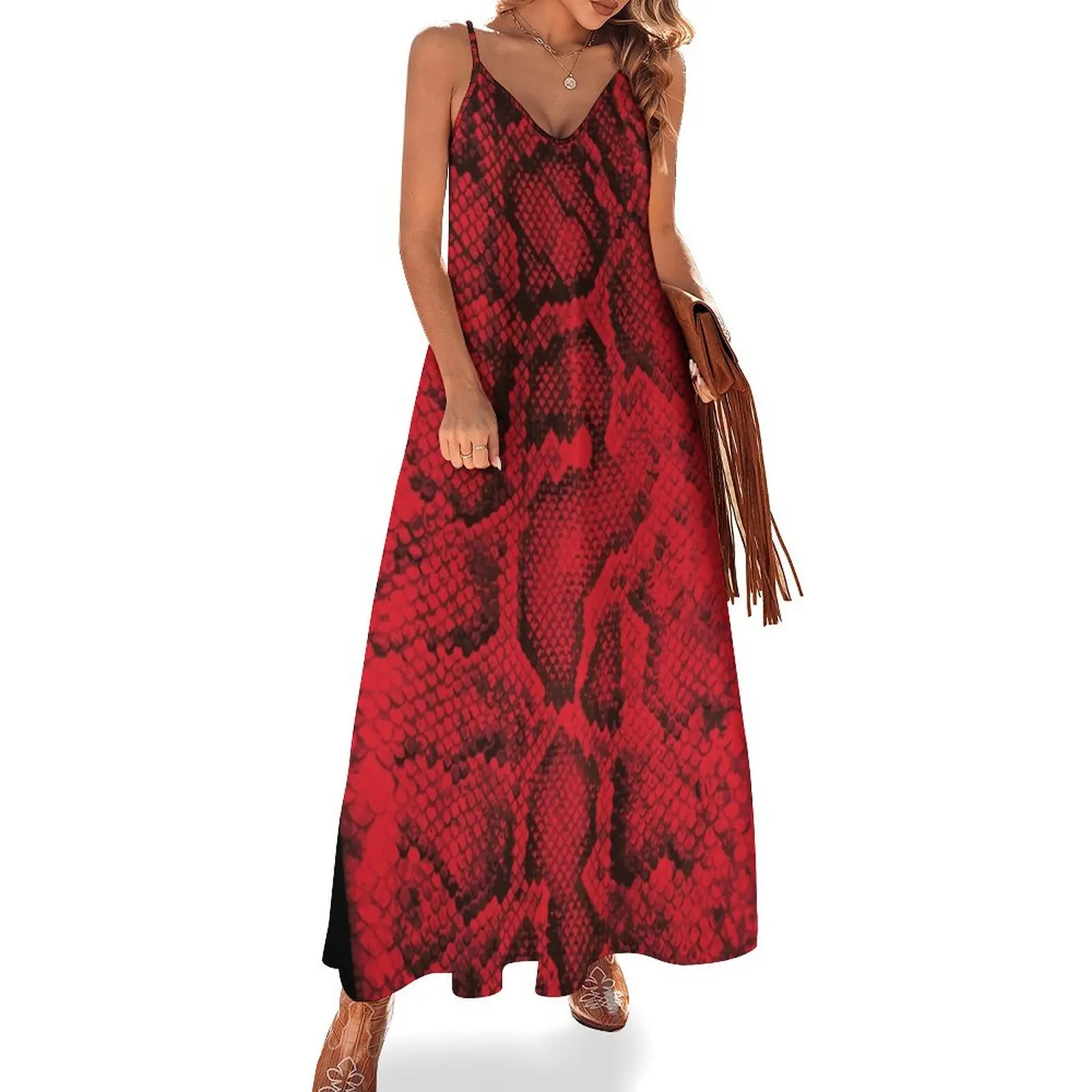 

Red Snakeskin Sleeveless Long Dress evening dresses women dress party night wedding dresses for woman Dress