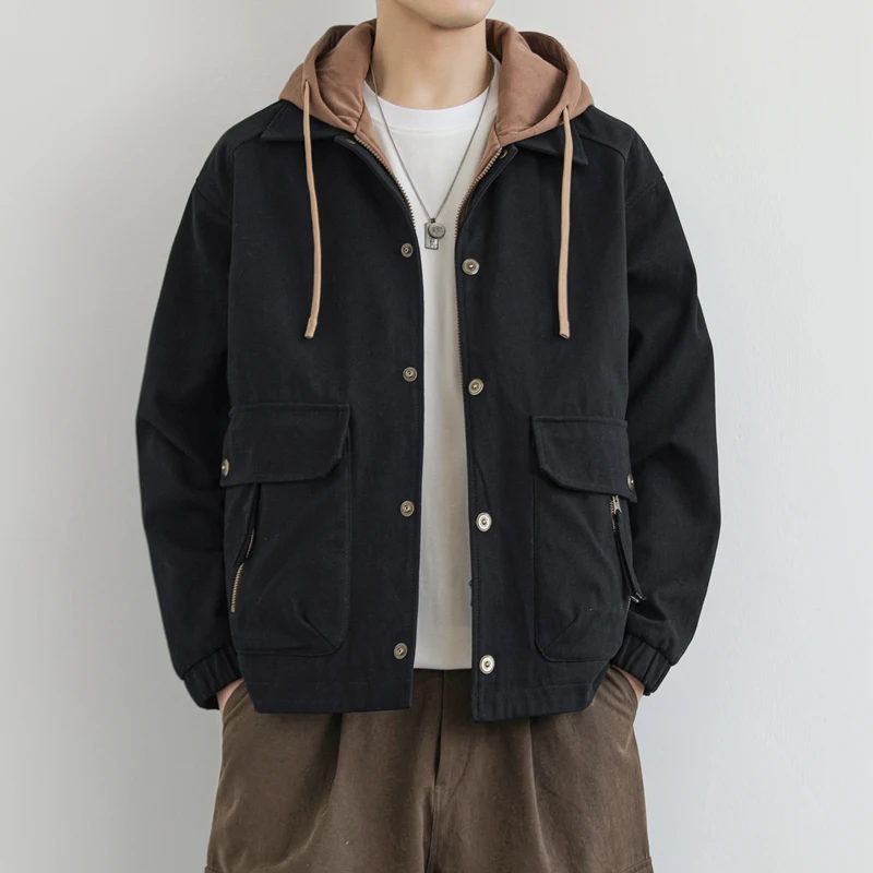 2025 Spring Autumn Men Casual Jackets Men Solid Loose Patchwork Coats Male Fake Two Pieces Hooded Jacket Man Bomber Jacket