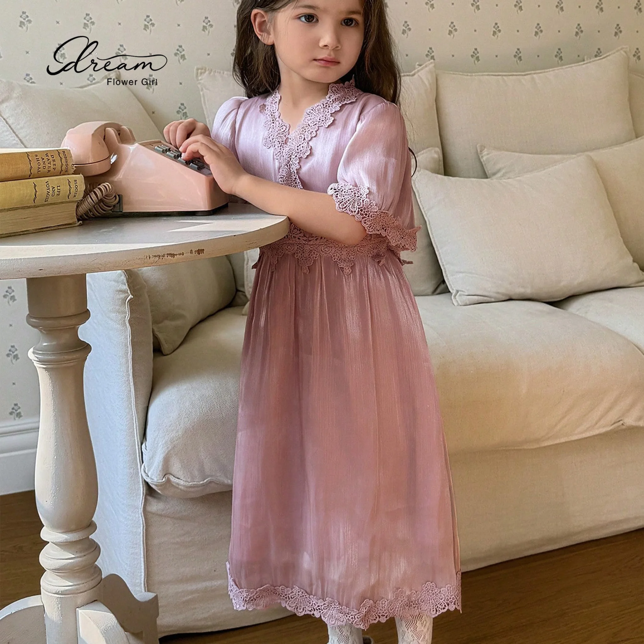 Light purple V-neck ankle-length formal gown for girls featuring lace accents perfect for parties and special occasions
