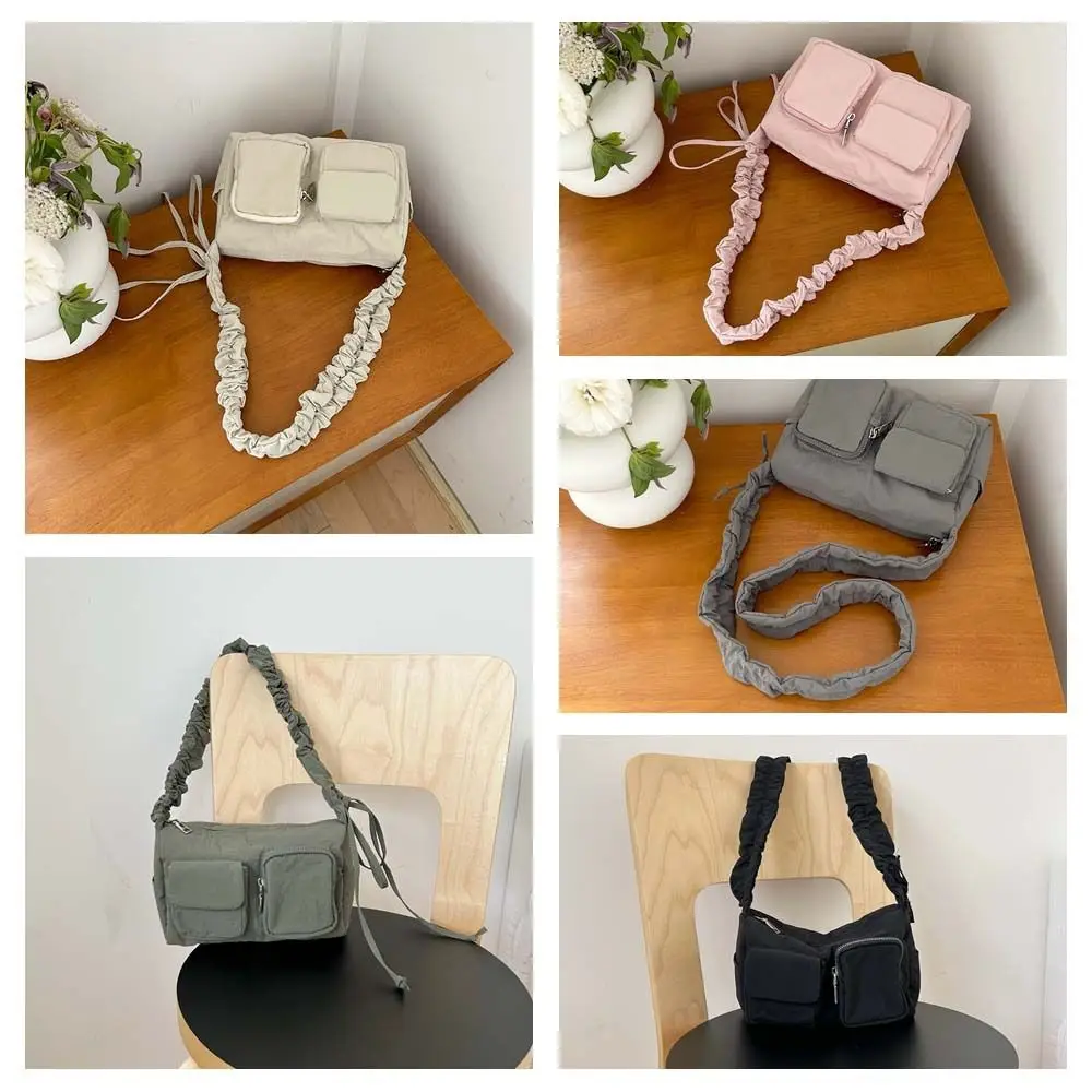 Estilo coreano Nylon Bolsa de Ombro, alça plissada, bolso de cor sólida, sacola Boston, design francês minoritário, bolsa axilas