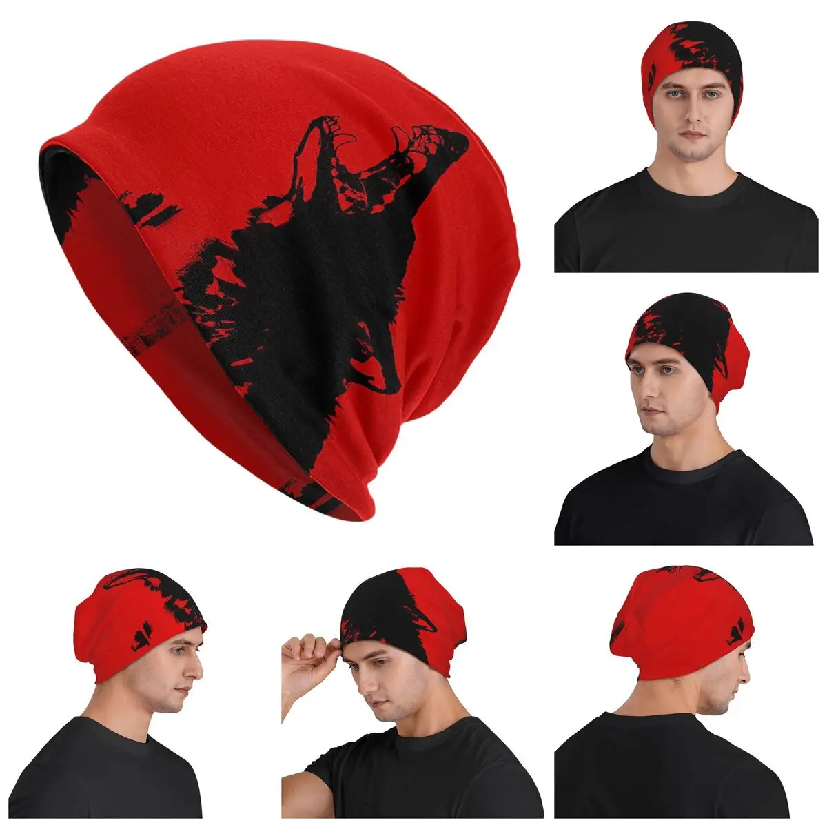 

Красный дьявол, волк, собака, унисекс, шапки для взрослых, вязаная шапка, теплая модная осенне-зимняя уличная шапка Skullies