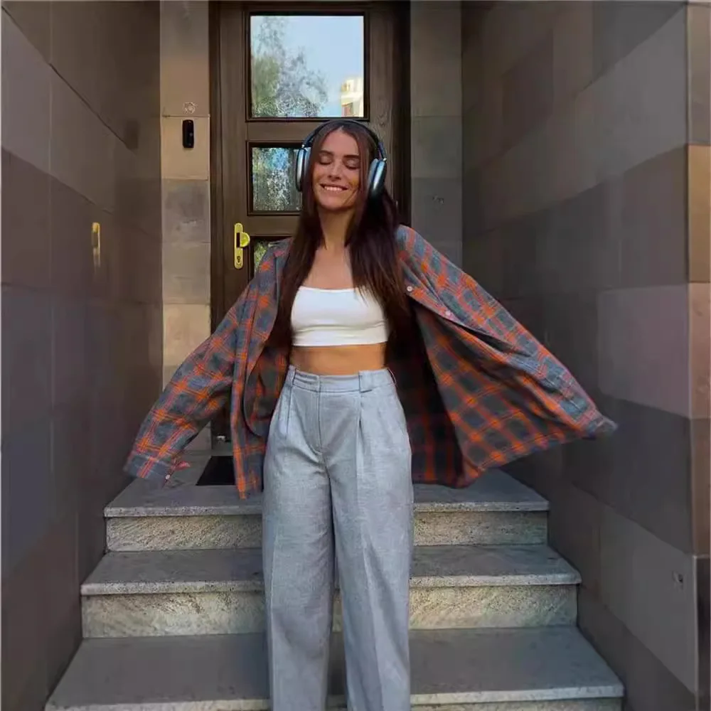 Plaid Frauen Shirts Langarm Bluse Drehen Unten Kragen Hemd Strickjacke Einreiher Blusen Casual Lose Fit Gespleißt 2025,