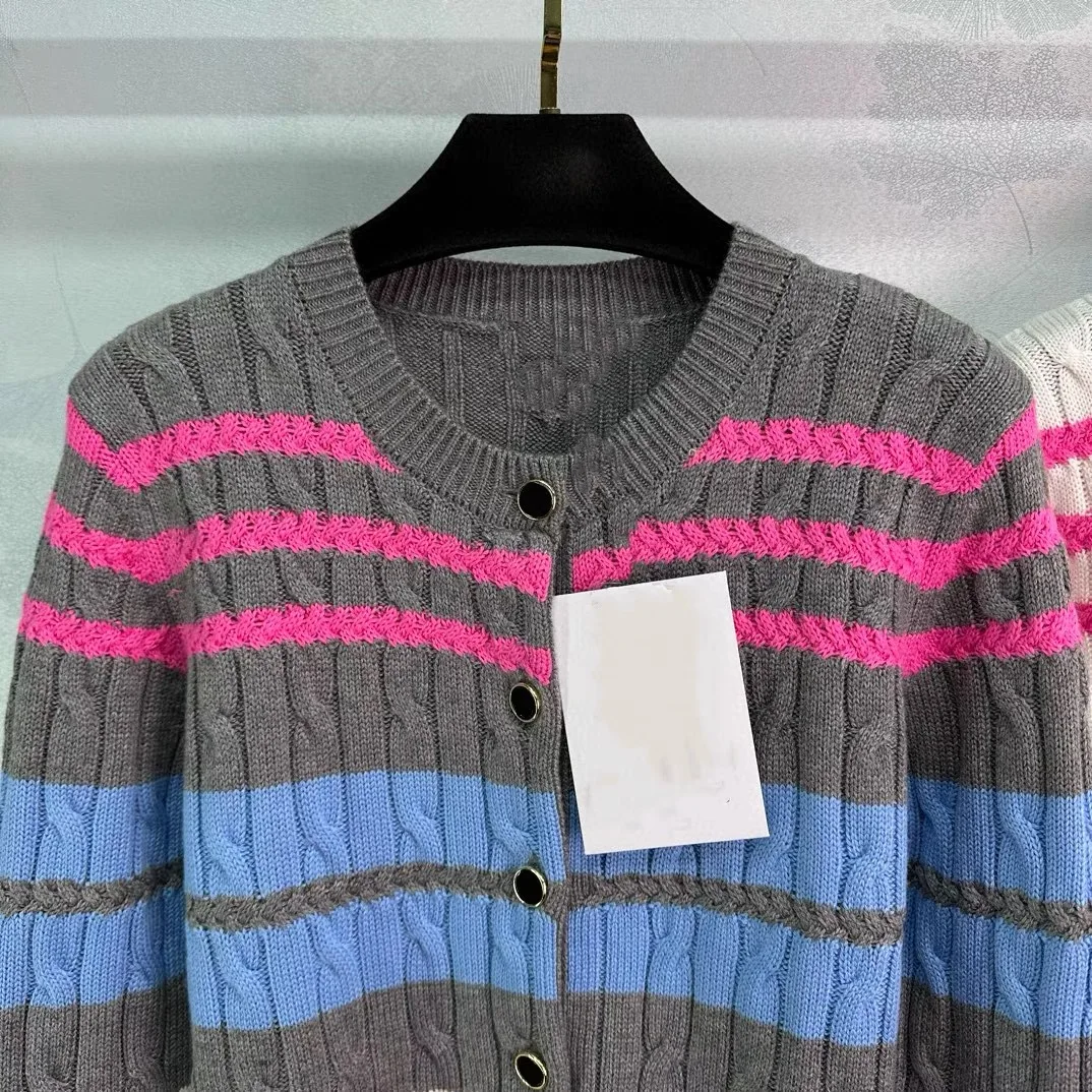 Multicolor Striped Sweater Cardigan Women Twisted Knit Stylish Fashion Vintage Ladies Knitwear Tops Long Sleeve Chic Jumper 2024