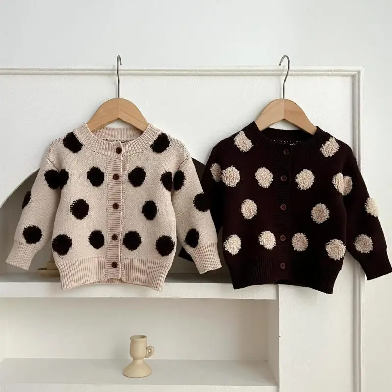 

2024 Autumn New Baby Long Sleeve Knit Coat Infant Girl Dot Sweater Cardigan Toddler Boy Knitted Jacket Children Clothes