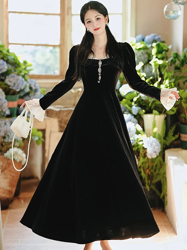 Black Velvet Diamonds Lace Square Collar Women's Dress Autumn Winter Luxury Bodycon Maxi Dress 2025 Korean Vintage Evening Dress