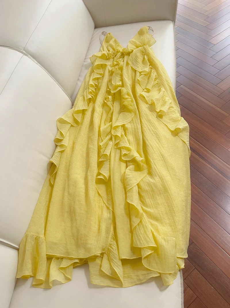 

Romantic Gentle V-ne Yellow Strap Uneven Holiday Beach Ele Bal Dr Summer Long Skirt No Sve High Waist Zipper