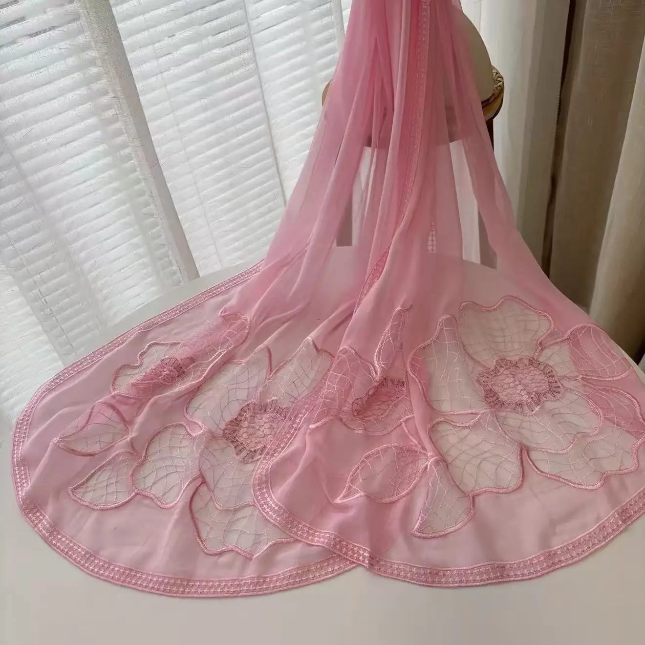 Women 100% Silk Pink Purple Yellow Sheer Scarf Large Hollow Floral Embroidery Shawl Wrap for Wedding Evening Party