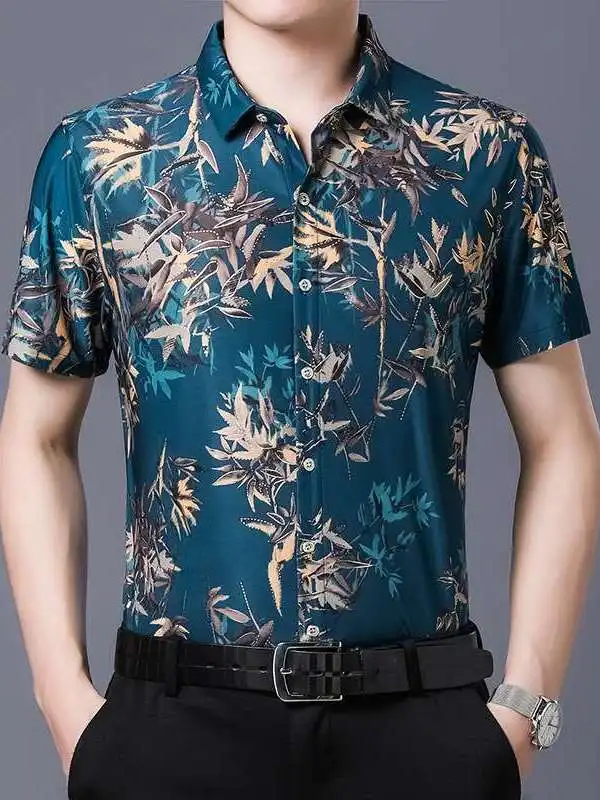 

Новая летняя мужская рубашка с цветочным принтом, короткий рукав, из искусственной кожи, с воротником-стойкой, для повседневной носки, легкая, эластичная, не деформируется.
