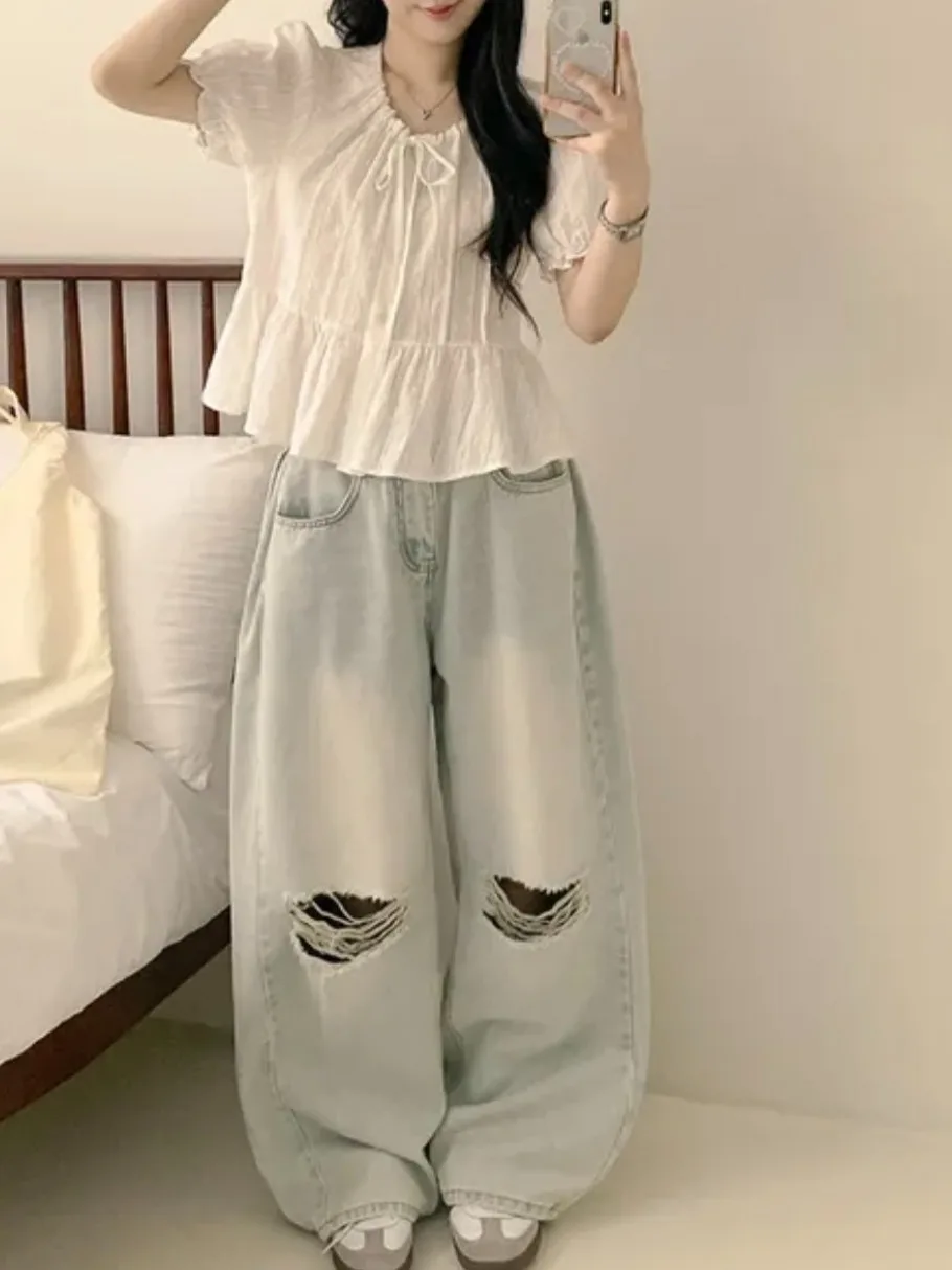 เสื้อเบลาส์ผู้หญิงทรงหลวม แขนสั้น แต่งลูกไม้ รุ่นเกาหลี ลายจุด 3 มิติ ผูกโบว์ สไตล์ลำลอง แฟชั่นฤดูร้อน