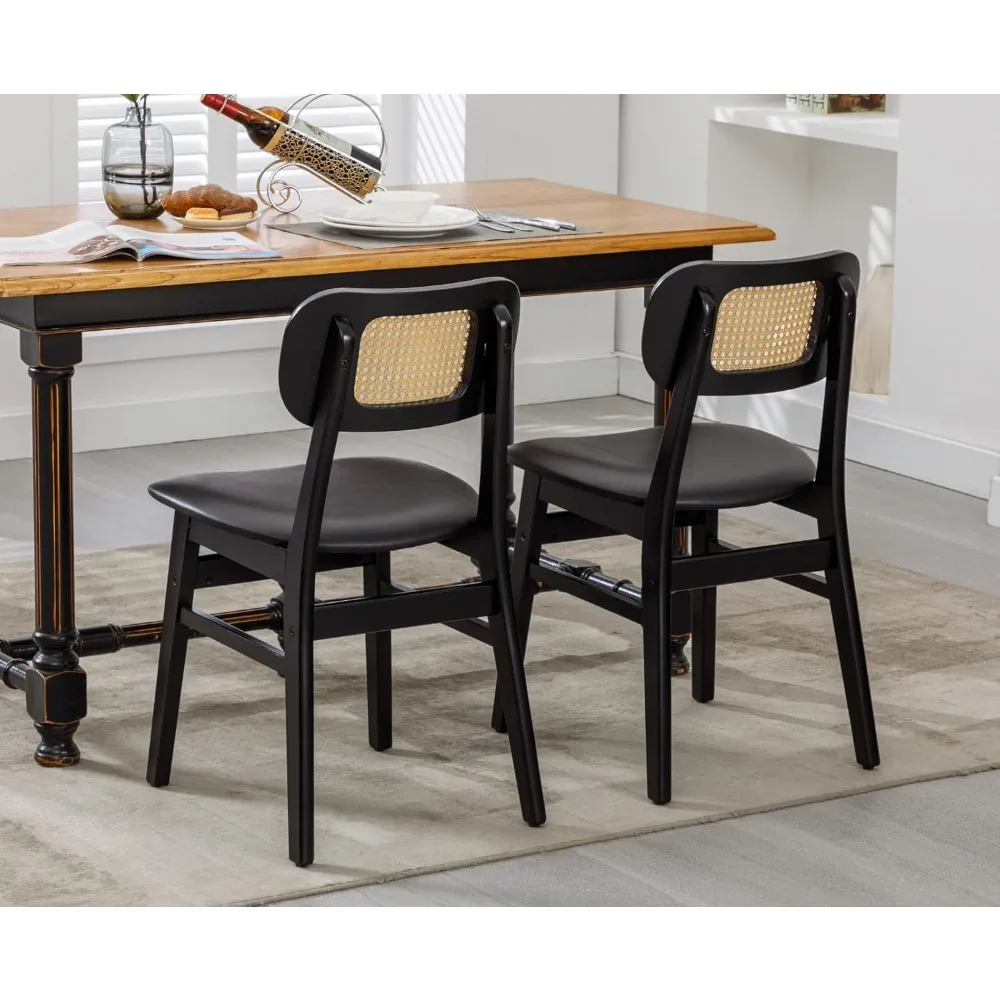 Mid Century Modern Rattan Chairs Set, 2 Curved Back Farmhouse Dining Chairs with Leather Seats for Kitchen