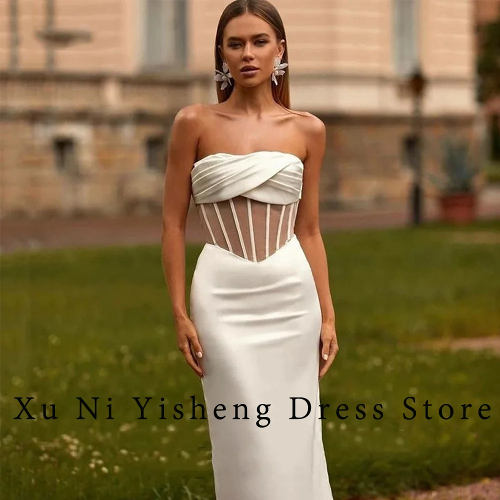 

Charming White Mermaid Prom Dresses For Women Sexy Strapless Sleeveless Wedding Party dress Backless Pleat Bridesmaid Dress