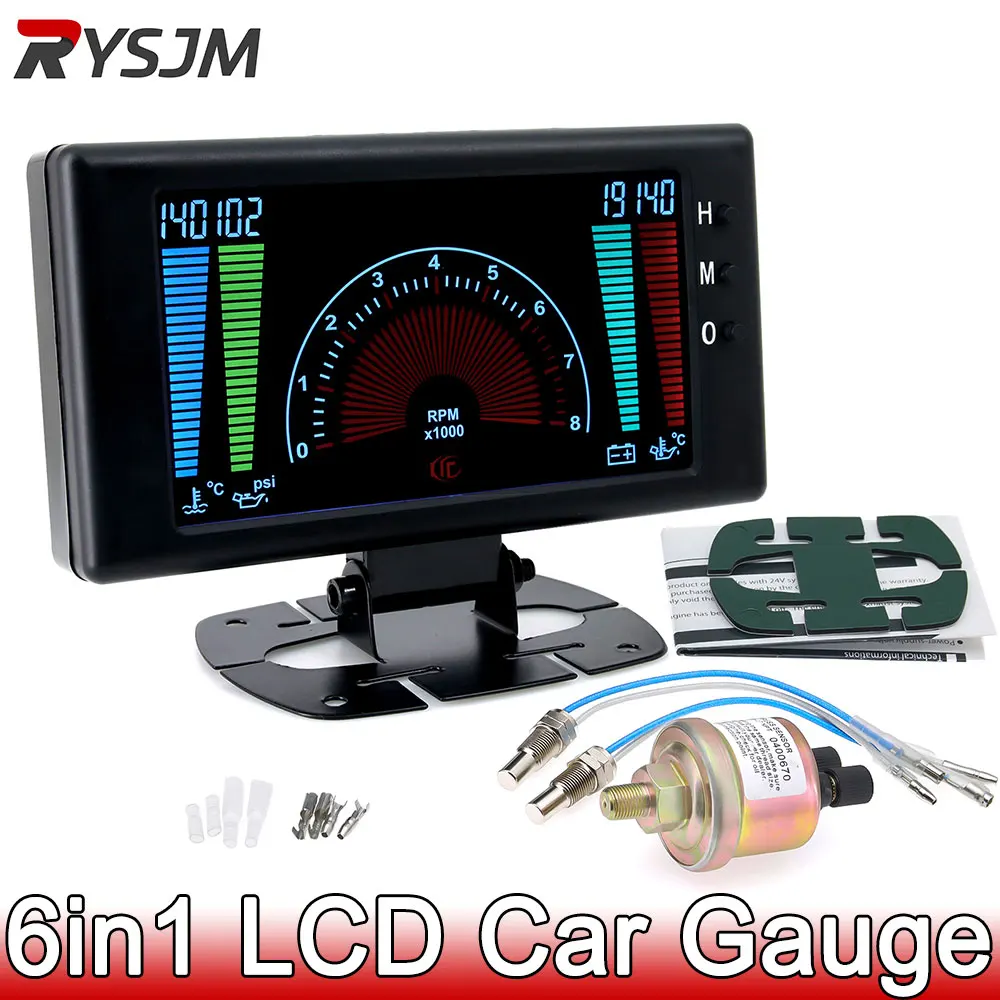 

6 in 1 Car LCD Digital Gauge Tachometer 0~8000 RPM Meter Oil Pressure Voltage Water Temperature Oil Temperature Diesel Engine