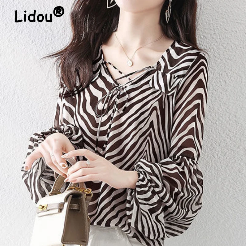 Brown Zebra Puff Sleeves Loose Chiffon Shirt Long Sleeve V-neck Blouse for Female 2022 Spring Summer Elegant Casual Clothing