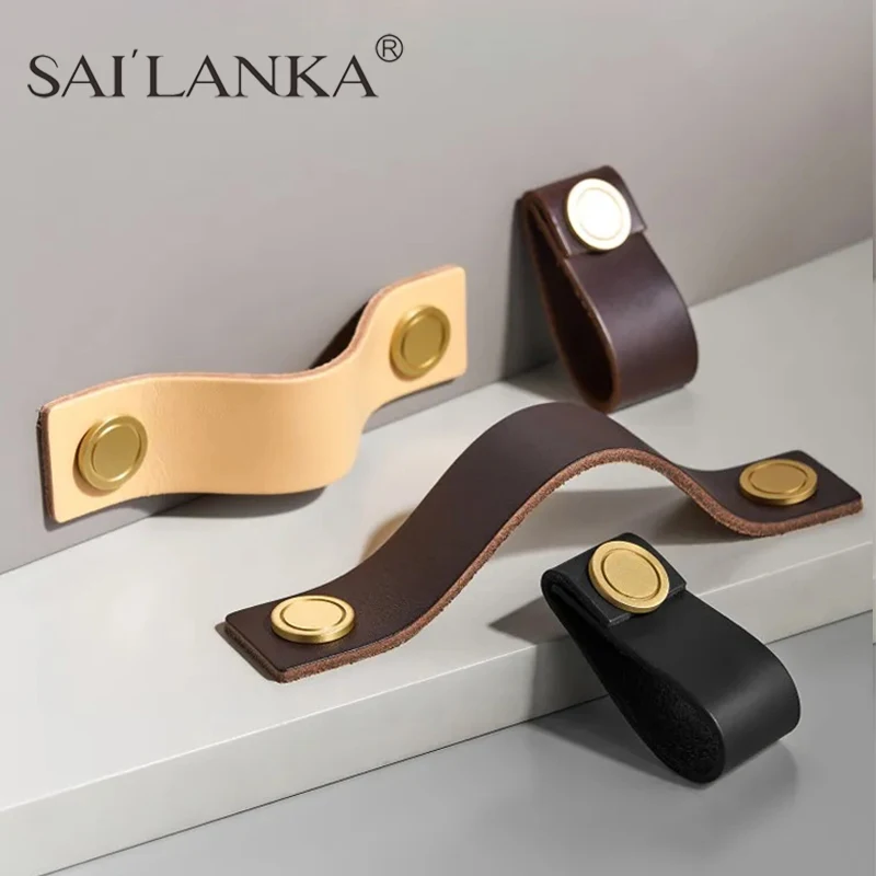 SAILANKA Tough First Layer Real Cow Leather Nordic Furniture Closet Drawer Knob Wardrobe Cupboard Cabinet Handle Door Pulls