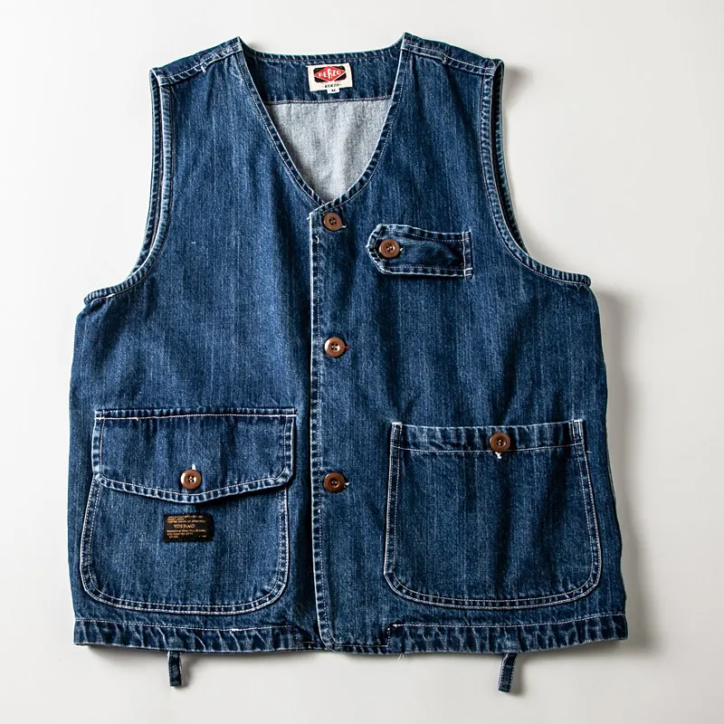 100% Cotton Washed Men's Versatile Loose-Fit Denim Workwear Vest V-Neck Multi-Pockets Japanese Vintage Casual Couple Matching