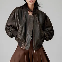 2023 Genuine Leather Jacket, New Autumn and Winter Sheepskin, Worn Out Two Tone Baseball Jacket, Two Tone Casual Jacket