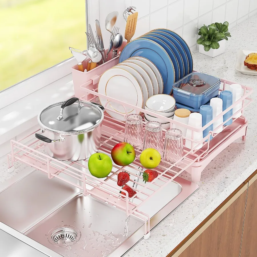 

Large Dish Drying RackExtendable Dish Rack with Cutlery Holder AntiRust Pink Dish Racks for Kitchen Counter Dish Drainers for K