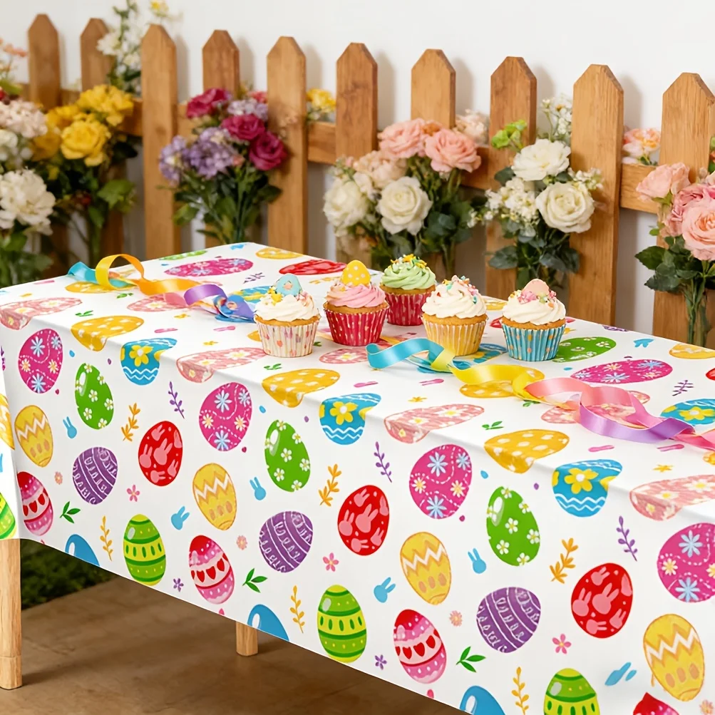 1Pc Easter Tablecloth Watercolor Easter Eggs Plastic Tablecloth Disposable Rectangular Spring Floral Table Cover for Indoor Outd