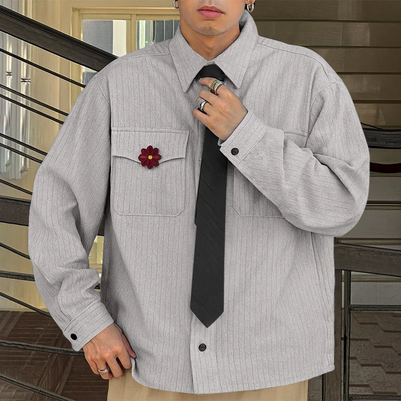 INCERUN Men Shirt Striped Patchwork Lapel Long Sleeve Loose Men Clothing Streetwear Korean Fashion Casual Male Tops With Tie