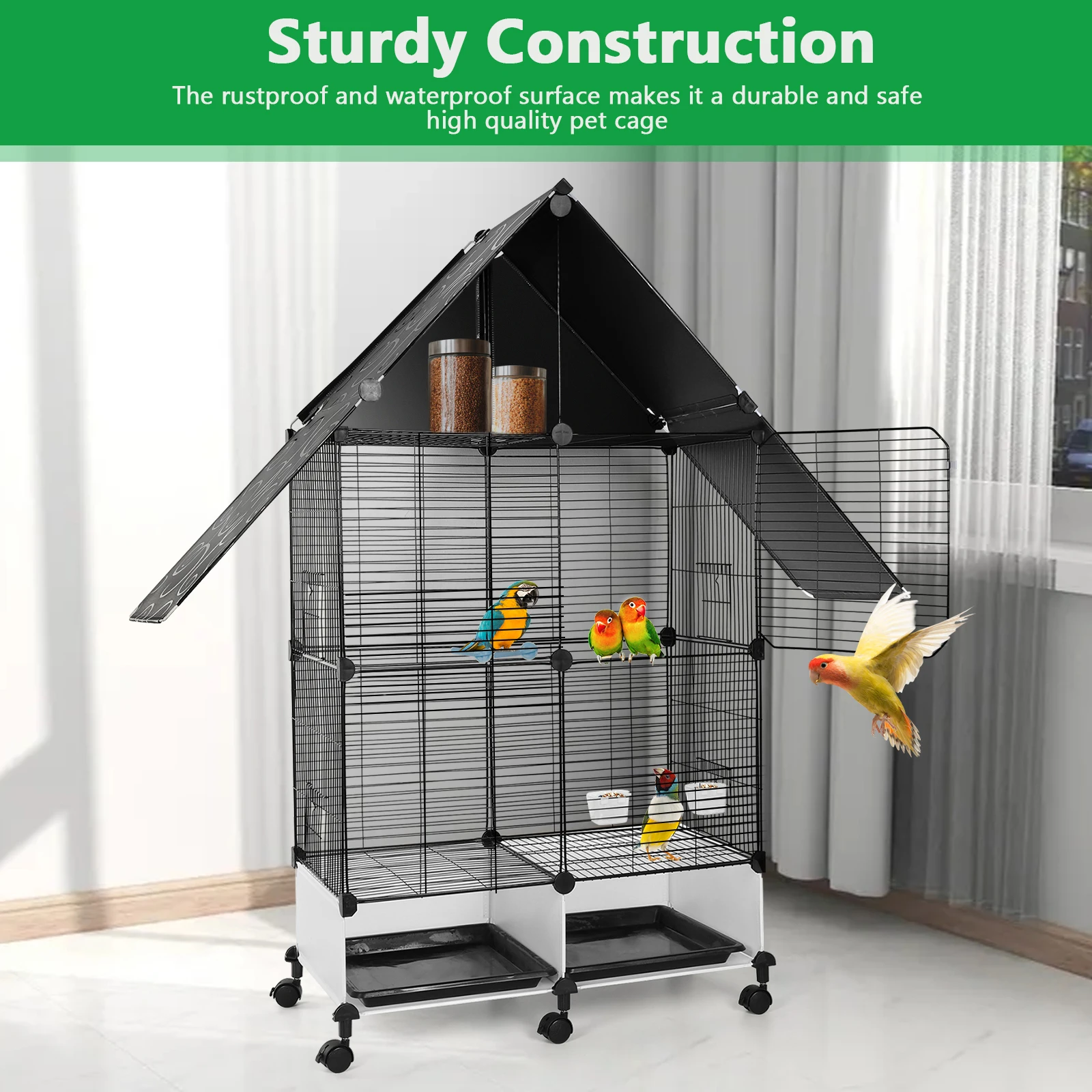 

Bird Cage with Wheels Stand House Shape Pet Cage Large 2 Tier Bird Cage with Lock Bird Villa for Canary Finch Budgie Lovebirds